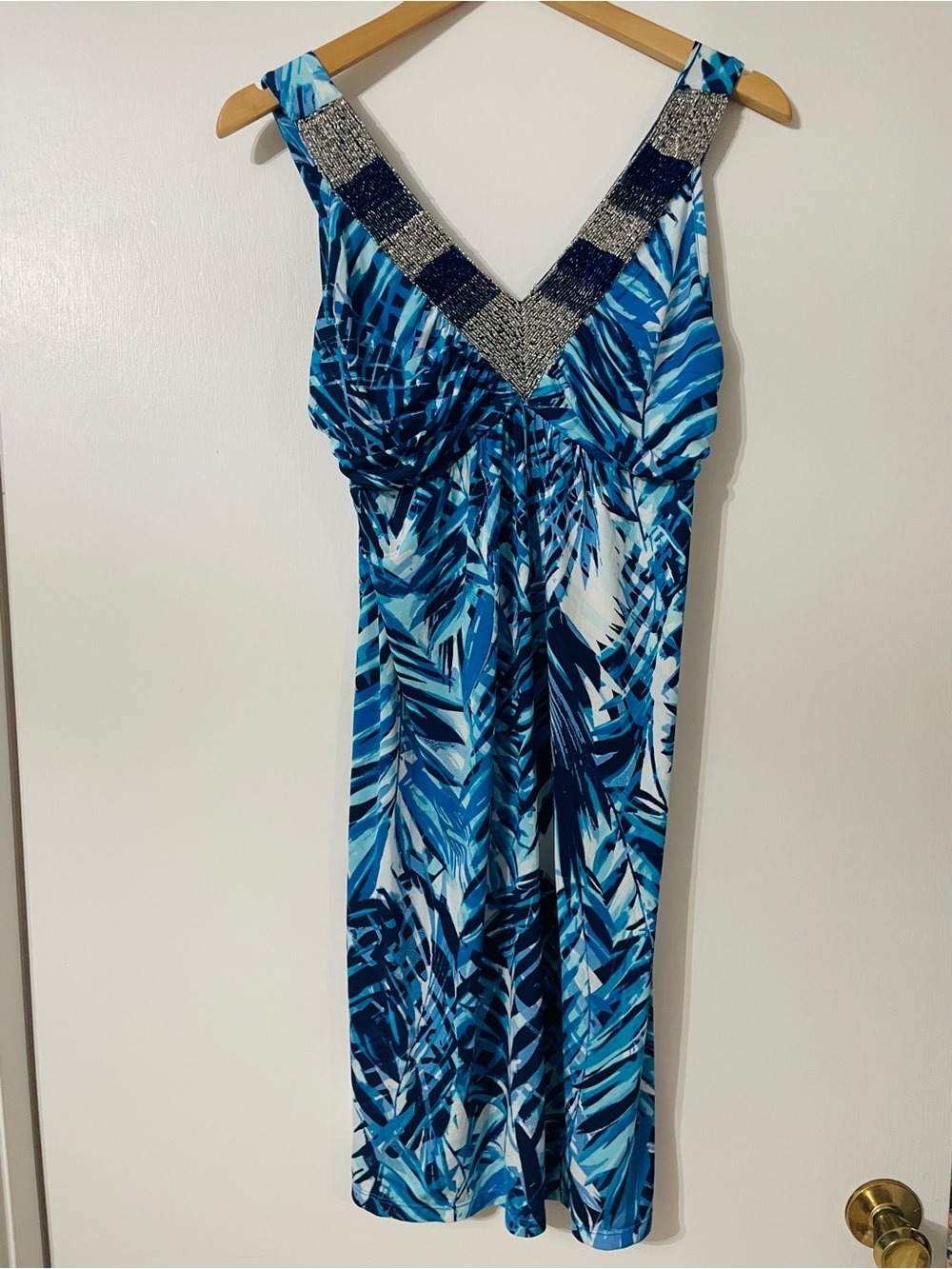 Style & Co. Blue Tropical-Print V-Neck Midi Dress with Embellished Straps